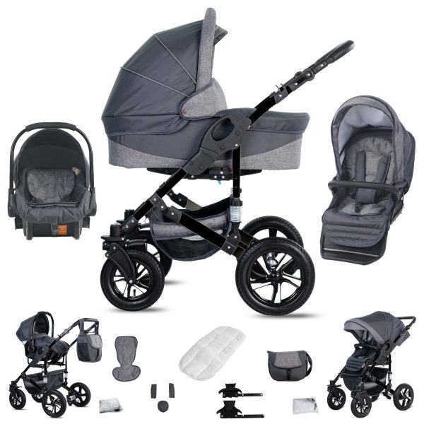 Friedrich Hugo Münster   3 in 1 Kombi Kinderwagen Set   Luftreifen   Farbe: Grey & Grey Linen