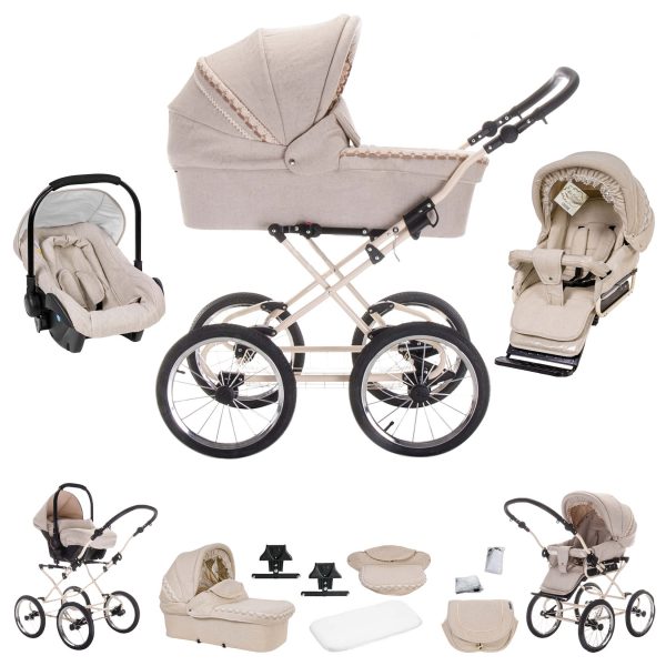 Friedrich Hugo Natureline   3 in 1 Kombi Kinderwagen Set   Öko Nostalgie Kinderwagen   Farbe: Hugo Creme