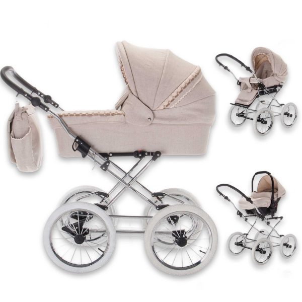 Friedrich Hugo Natureline   3 in 1 Kombi Kinderwagen Set   Öko Nostalgie Kinderwagen   Farbe: Elisabeth Silver