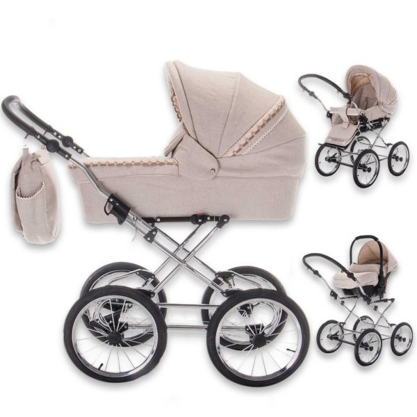 Friedrich Hugo Natureline   3 in 1 Kombi Kinderwagen Set   Öko Nostalgie Kinderwagen   Farbe: Hugo Silver