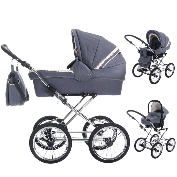 Friedrich Hugo Natureline   3 in 1 Kombi Kinderwagen Set   Öko Nostalgie Kinderwagen   Farbe: Hugo Stone Silver