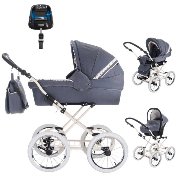 Friedrich Hugo Natureline   4 in 1 Kinderwagen Komplettset   ISOFIX Basis   Öko Nostalgie Kinderwagen   Farbe: Elisabeth Stone Creme