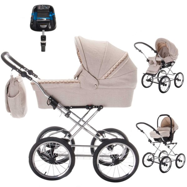 Friedrich Hugo Natureline   4 in 1 Kinderwagen Komplettset   ISOFIX Basis   Öko Nostalgie Kinderwagen   Farbe: Hugo Silver