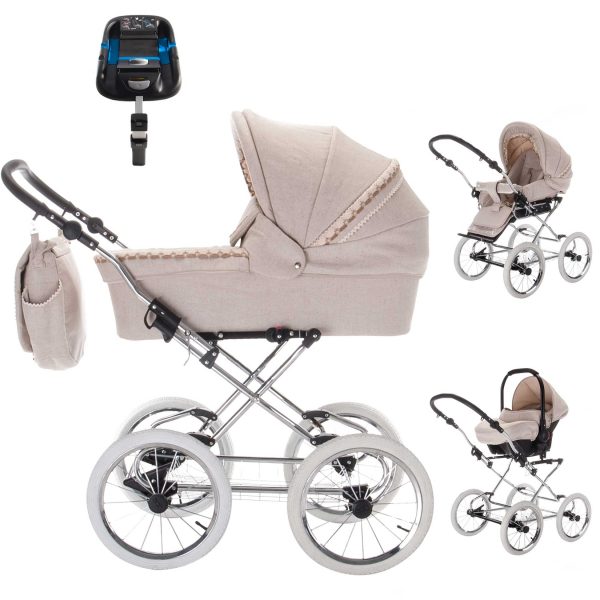 Friedrich Hugo Natureline   4 in 1 Kinderwagen Komplettset   ISOFIX Basis   Öko Nostalgie Kinderwagen   Farbe: Elisabeth Silver