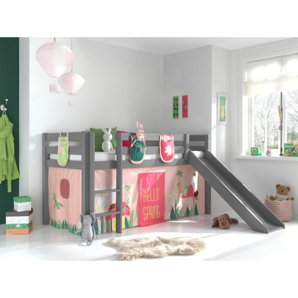 Spielbett Pino inkl. Rutsche mit Textilset Vorhang und 3 Taschen versch. Designs