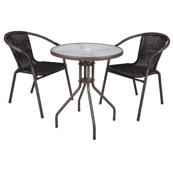 VCM Bistroset Balkonset braun Sitzgarnitur aus Glastisch + Bistrostuhl Poly-Rattan