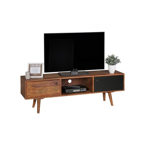 WOHNLING TV Lowboard REPA Massiv-Holz Sheesham Braun/Schwarz