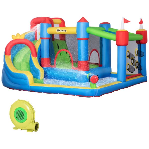 Outsunny Hüpfburg mit Gebläse bunt 390L x 300B x 197H cm   wasserpark  aufblasbare hüpfburg mit gebläse  wasserspielcenter