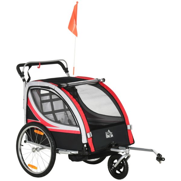 HOMCOM Kinderfahrradanhänger mit Aufbewahrungstasche 142L x 75B x 101H cm   2 in 1 design  kinderwagen mit mesh-tür  fahrradanhänger  fahne  buggy