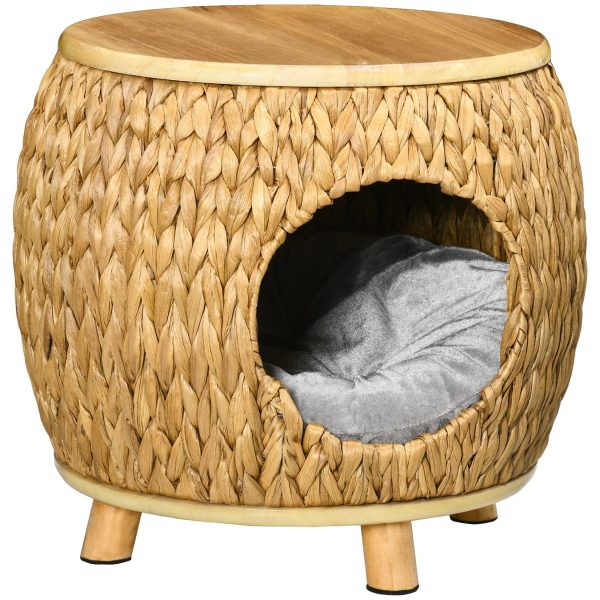 PawHut Rattan Katzenhaus mit Kissen natur 44L x 43B x 42H cm   katzenkorb  2-in-1 design  katzenbett  katzenhütte  haustierbett