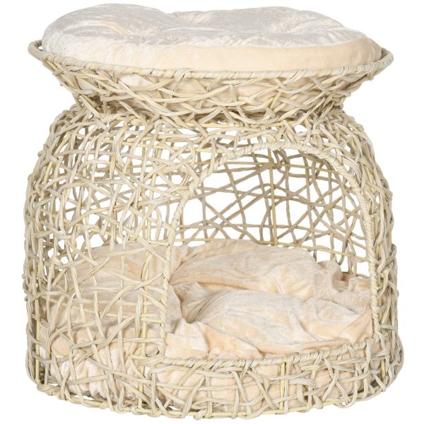 PawHut Rattan Katzenkorb mit Kissen beige 42L x 42B x 40H cm   katzenhaus aus rattan  2 etagen  katzenkorb mit kissen  katzenhütte