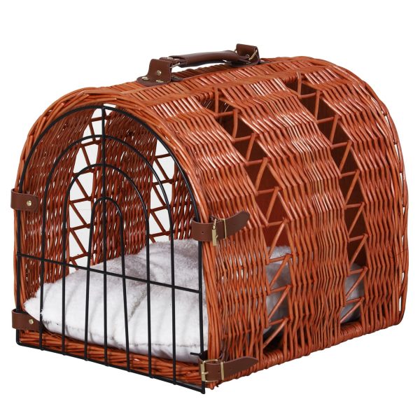 PawHut Katzenkorb mit Tragegriff braun 42 x 35 x 37 cm (LxBxH)   Katzenbett mit Kissen Transportbox Transportkorb