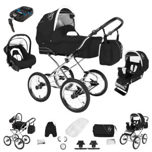 Bebebi Loving   4 in 1 Kinderwagen Komplettset   ISOFIX Basis   Nostalgie Kinderwagen   Farbe: Black Ardent