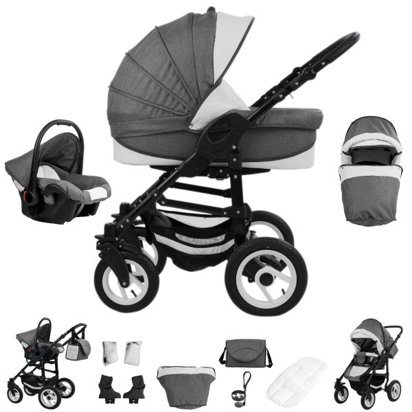 Bebebi Florenz   3 in 1 Kombi Kinderwagen Set   Luftreifen   Farbe: Marco Darkgrey Black