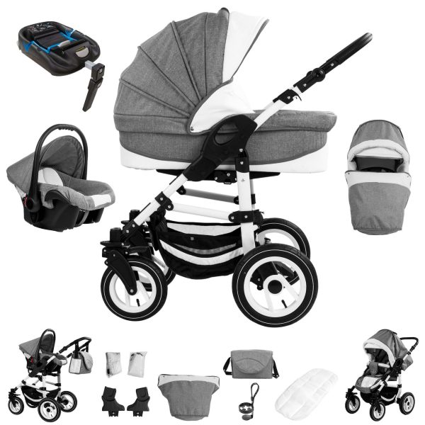 Bebebi Florenz   4 in 1 Kinderwagen Komplettset   ISOFIX Basis   Luftreifen   Farbe: Galileo Lightgrey White