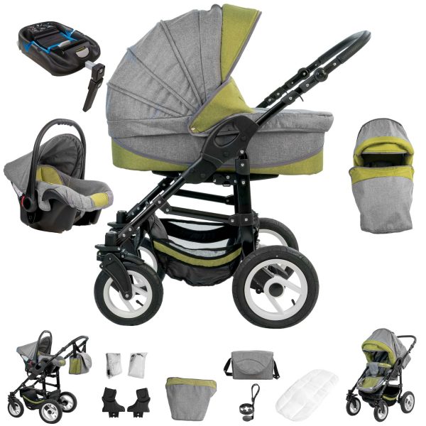 Bebebi Florenz   4 in 1 Kinderwagen Komplettset   ISOFIX Basis   Luftreifen   Farbe: Medici Green Black