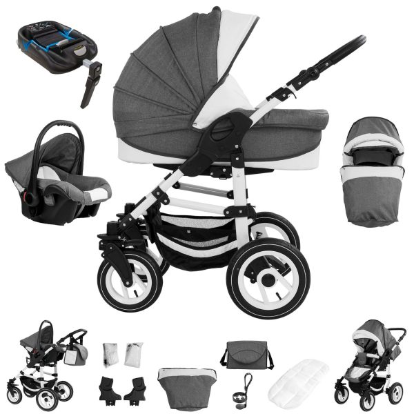 Bebebi Florenz   4 in 1 Kinderwagen Komplettset   ISOFIX Basis   Luftreifen   Farbe: Marco Darkgrey White