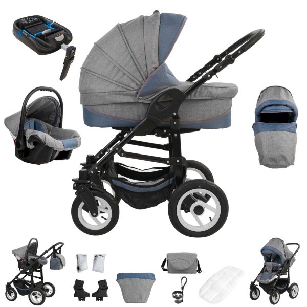 Bebebi Florenz   4 in 1 Kinderwagen Komplettset   ISOFIX Basis   Hartgummireifen   Farbe: Da Vinci Blue Black