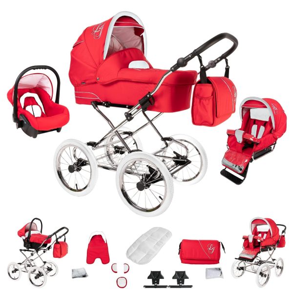 Bebebi Loving   3 in 1 Kombi Kinderwagen Set   Nostalgie Kinderwagen   Farbe: Red Tender