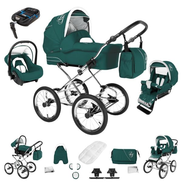 Bebebi Loving   4 in 1 Kinderwagen Komplettset   ISOFIX Basis   Nostalgie Kinderwagen   Farbe: Green Ardent