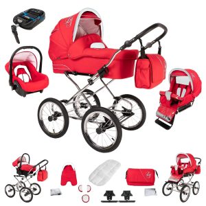 Bebebi Loving   4 in 1 Kinderwagen Komplettset   ISOFIX Basis   Nostalgie Kinderwagen   Farbe: Red Ardent