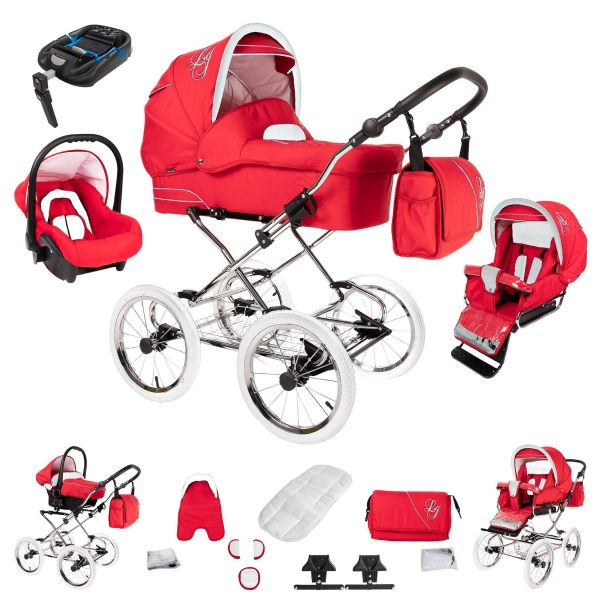 Bebebi Loving   4 in 1 Kinderwagen Komplettset   ISOFIX Basis   Nostalgie Kinderwagen   Farbe: Red Tender