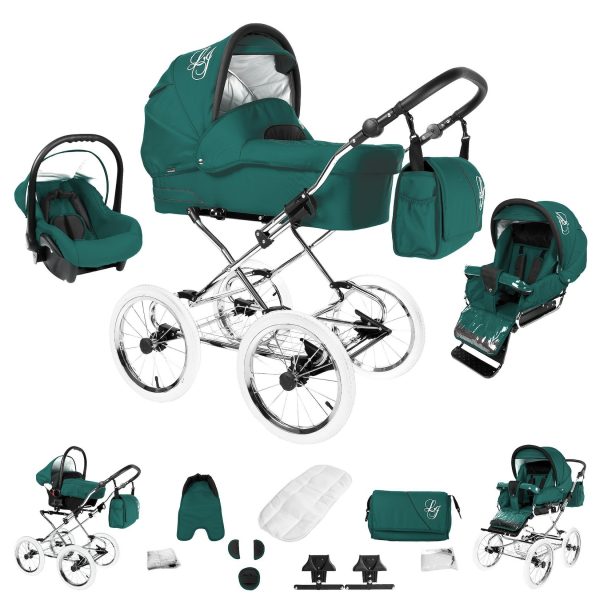 Bebebi Loving   3 in 1 Kombi Kinderwagen Set   Nostalgie Kinderwagen   Farbe: Green Tender Peak